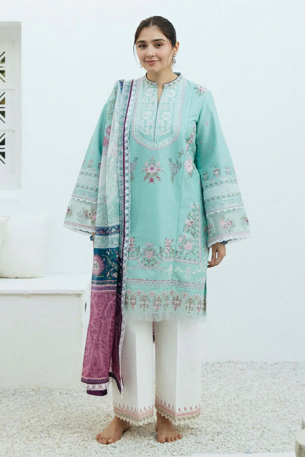 ZAHRA SHAHJAHAN- 3PC LAWN EMBROIDERED SHIRT WITH MONARK PRINT DUPATTA-3640