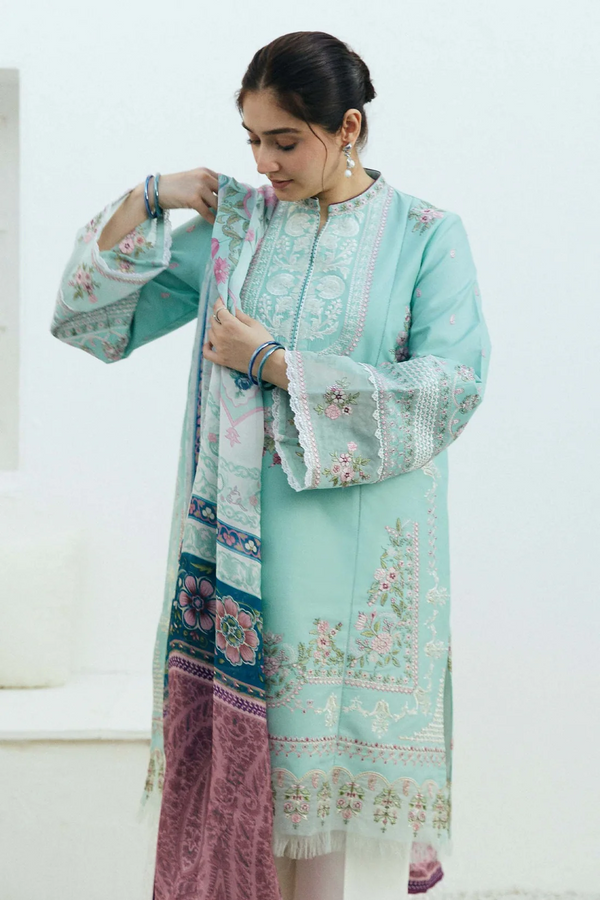 ZAHRA SHAHJAHAN- 3PC LAWN EMBROIDERED SHIRT WITH MONARK PRINT DUPATTA-3640