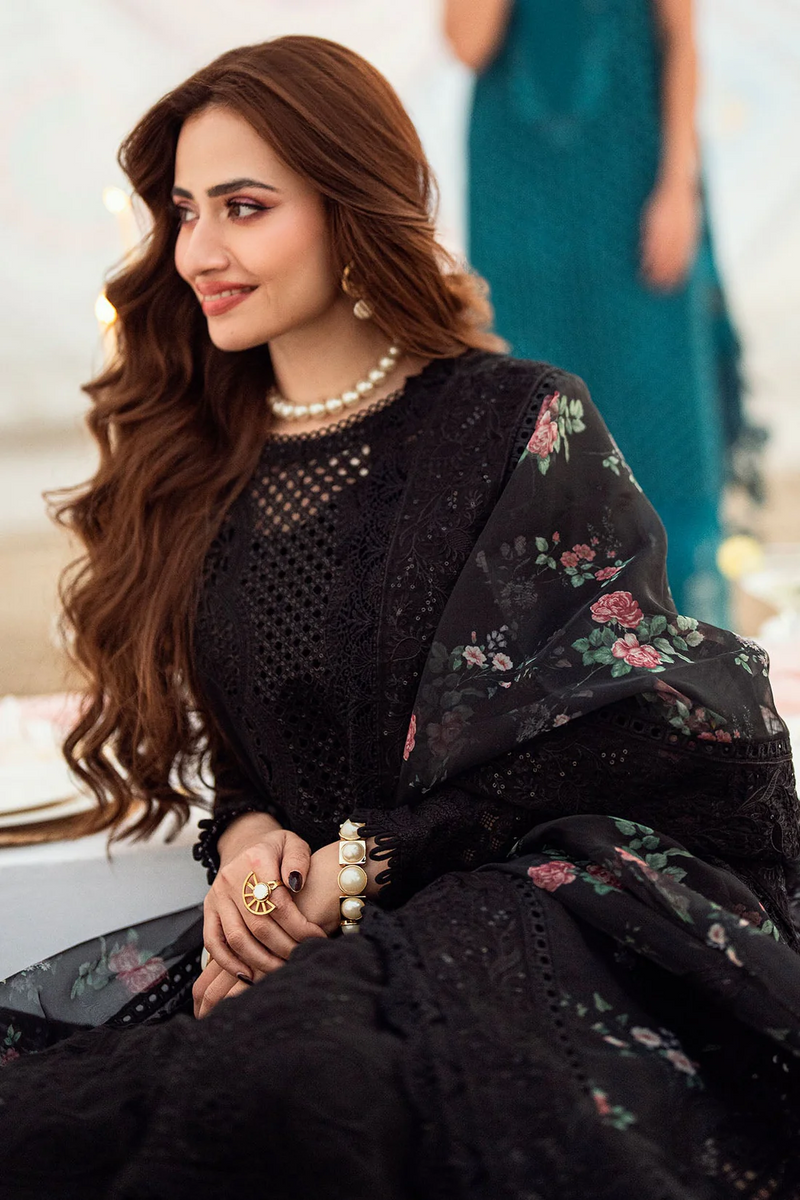 NUREH-3PC LAWN CHIKENKARI LASER EMBROIDERED SHIRT WITH ORGANZA EMBROIDERED PRINT DUPATTA - NS 3667