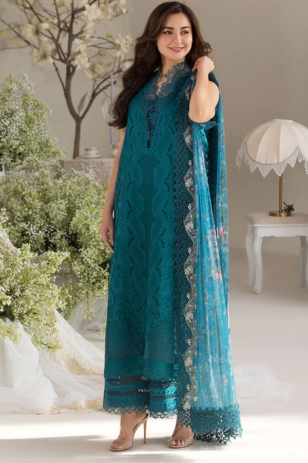 SOBIA NAZIR-3PC LAWN LASERCUT EMBROIDERED SHIRT WITH COTTON NET PRINT DUPATTA AND TROUSER - NS 3699