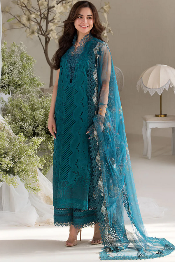 SOBIA NAZIR-3PC LAWN LASERCUT EMBROIDERED SHIRT WITH COTTON NET PRINT DUPATTA AND TROUSER - NS 3699