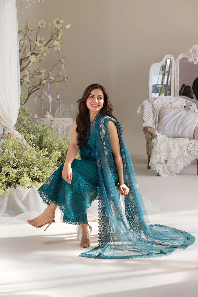 SOBIA NAZIR-3PC LAWN LASERCUT EMBROIDERED SHIRT WITH COTTON NET PRINT DUPATTA AND TROUSER - NS 3699