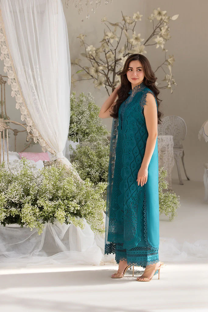 SOBIA NAZIR-3PC LAWN LASERCUT EMBROIDERED SHIRT WITH COTTON NET PRINT DUPATTA AND TROUSER - NS 3699