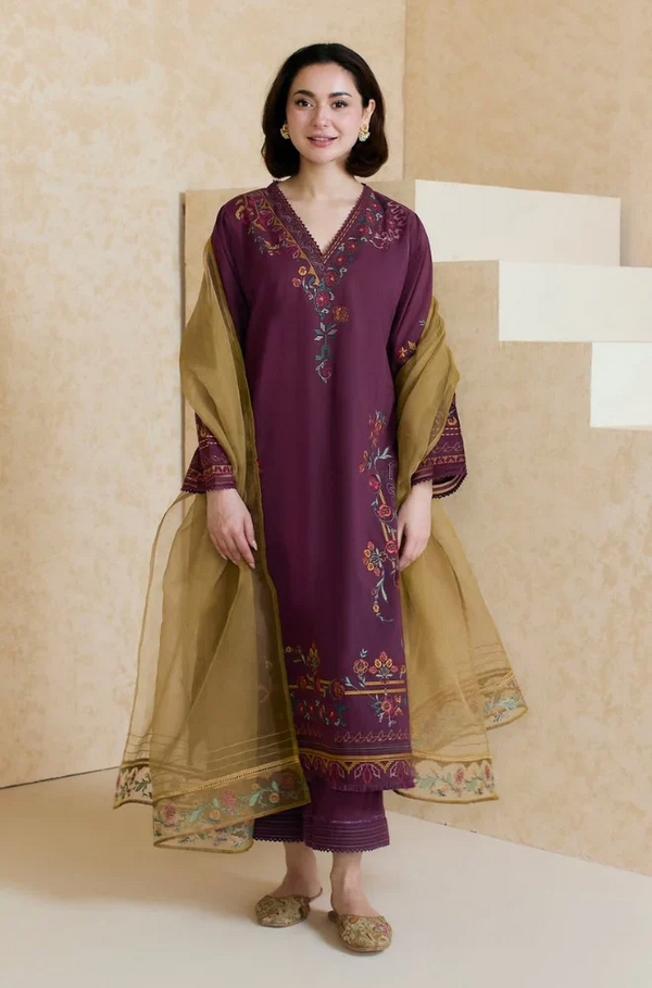 ZARA SHAHJAHAN - 3PC LAWN EMBROIDERED SHIRT WITH ORGANZA EMBROIDERED DUPATTA AND TROUSER - 3826