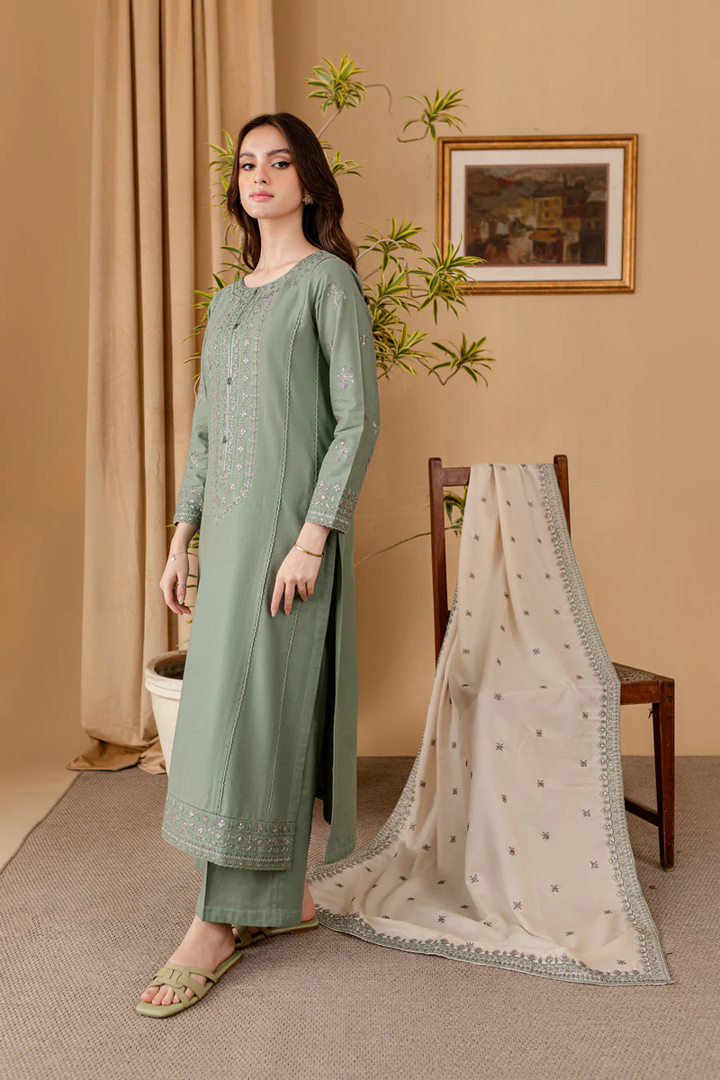 BATIK-3PC DHANAK EMBROIDERED SHIRT WITH DHANAK EMBROIDERED SHAWL AND TROUSER - 4011