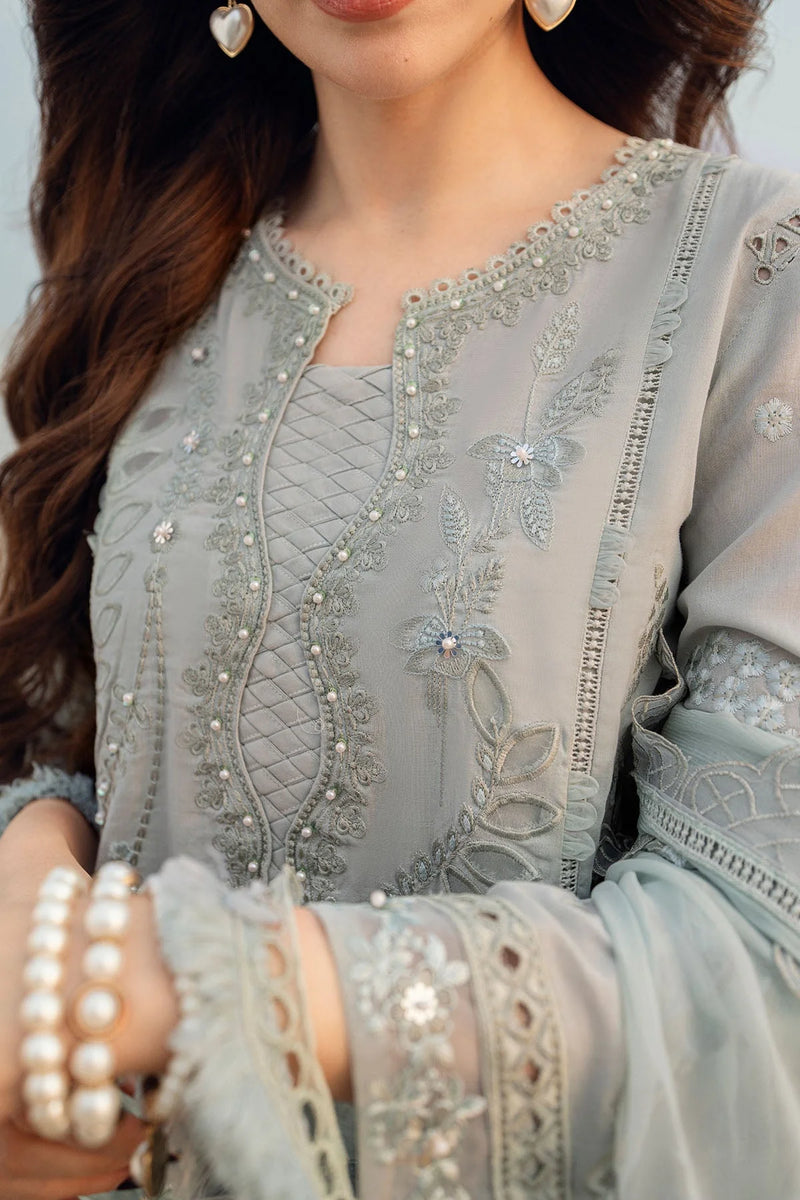NUREH-3PC DHANAK LASER WORK EMBROIDERED SHIRT WITH KHADDI NET EMBROIDERED DUPATTA & TROUSER-4214