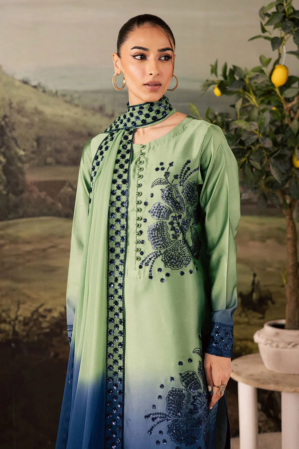 NUREH-3PC SHAMOZE SILK UNSTITCEHD PRINTED EMBROIDERED SHIRT WITH SOFT SILK PRINTED EMB DUPATTA & TROUSER BIC-11736