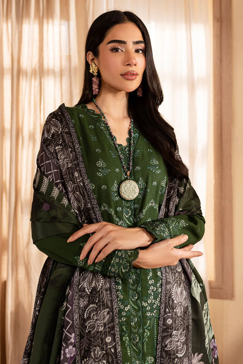 NUREH-3PC DHANAK EMBROIDERED SHIRT WITH COURTRAI PRINTED SHAWL &amp; TROUSER-BIC-14324