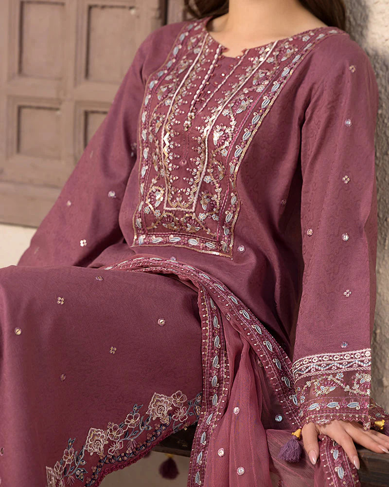 JADE-3PC DHANAK SEQUENCE EMBROIDERED SHIRT WITH CHIFFON EMBROIDERED DUPATTA AND TROUSER - 4087