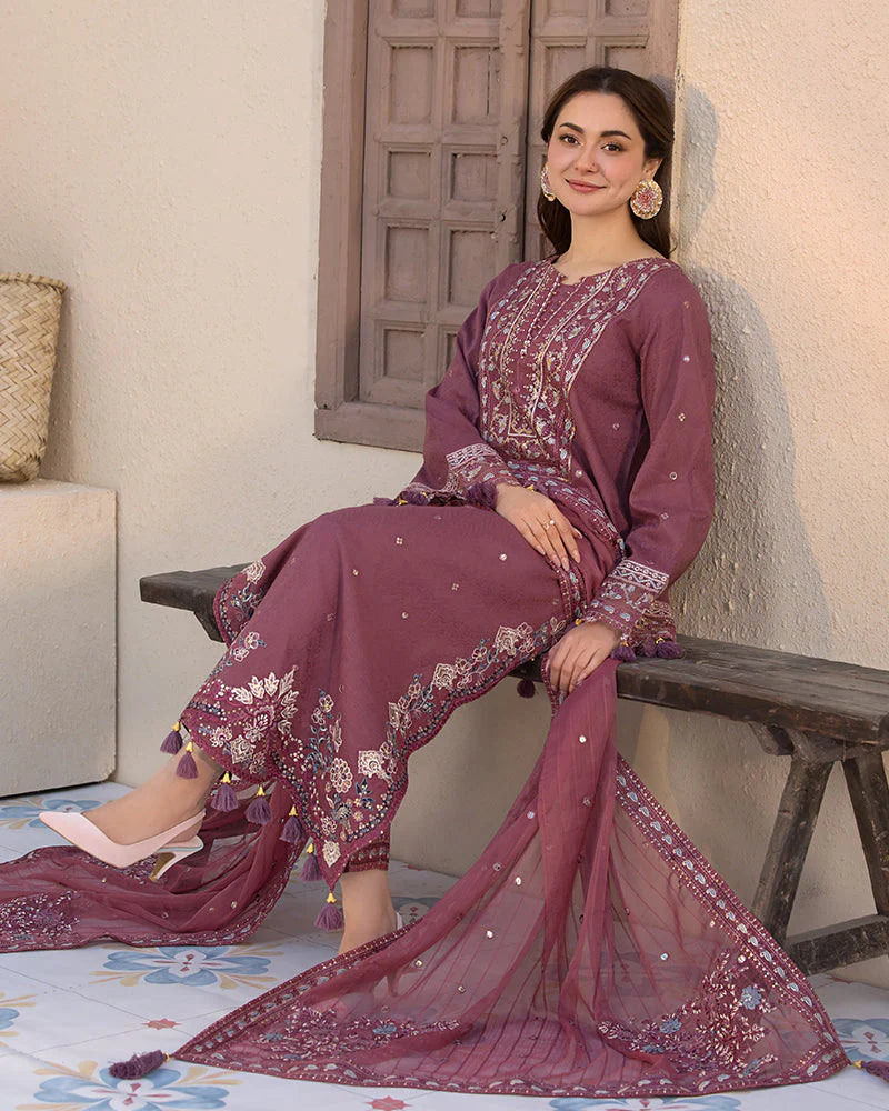 JADE-3PC DHANAK SEQUENCE EMBROIDERED SHIRT WITH CHIFFON EMBROIDERED DUPATTA AND TROUSER - 4087