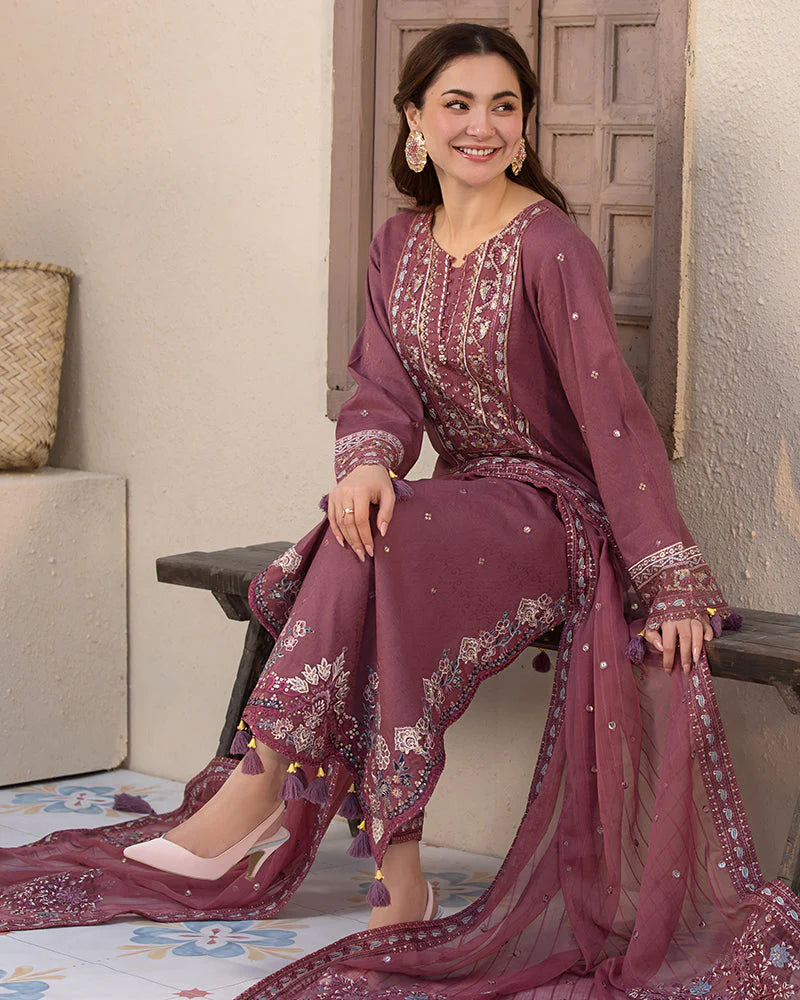 JADE-3PC DHANAK SEQUENCE EMBROIDERED SHIRT WITH CHIFFON EMBROIDERED DUPATTA AND TROUSER - 4087