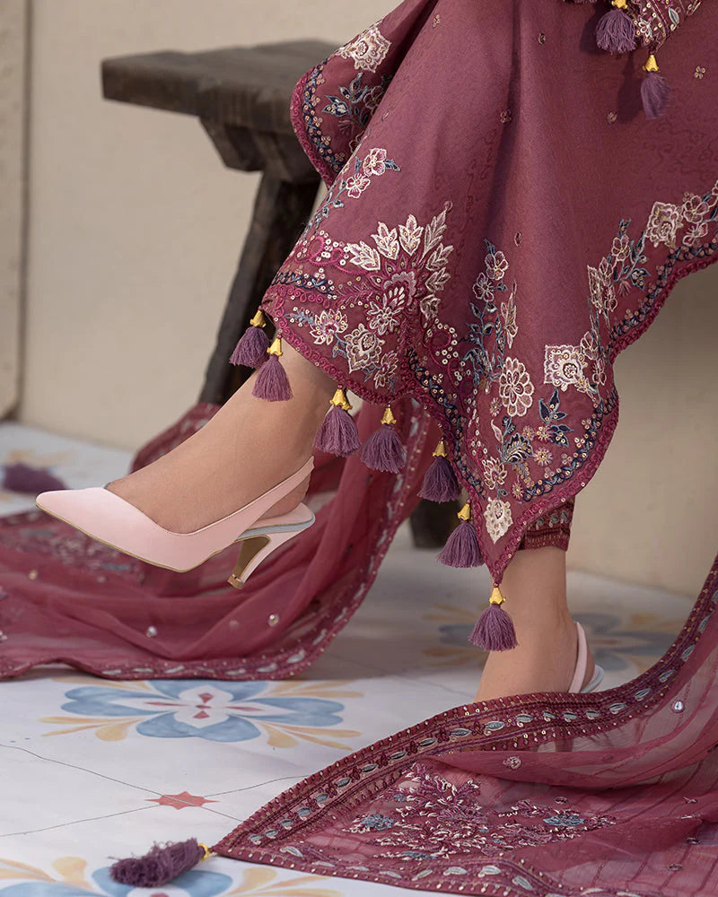 JADE-3PC DHANAK SEQUENCE EMBROIDERED SHIRT WITH CHIFFON EMBROIDERED DUPATTA AND TROUSER - 4087