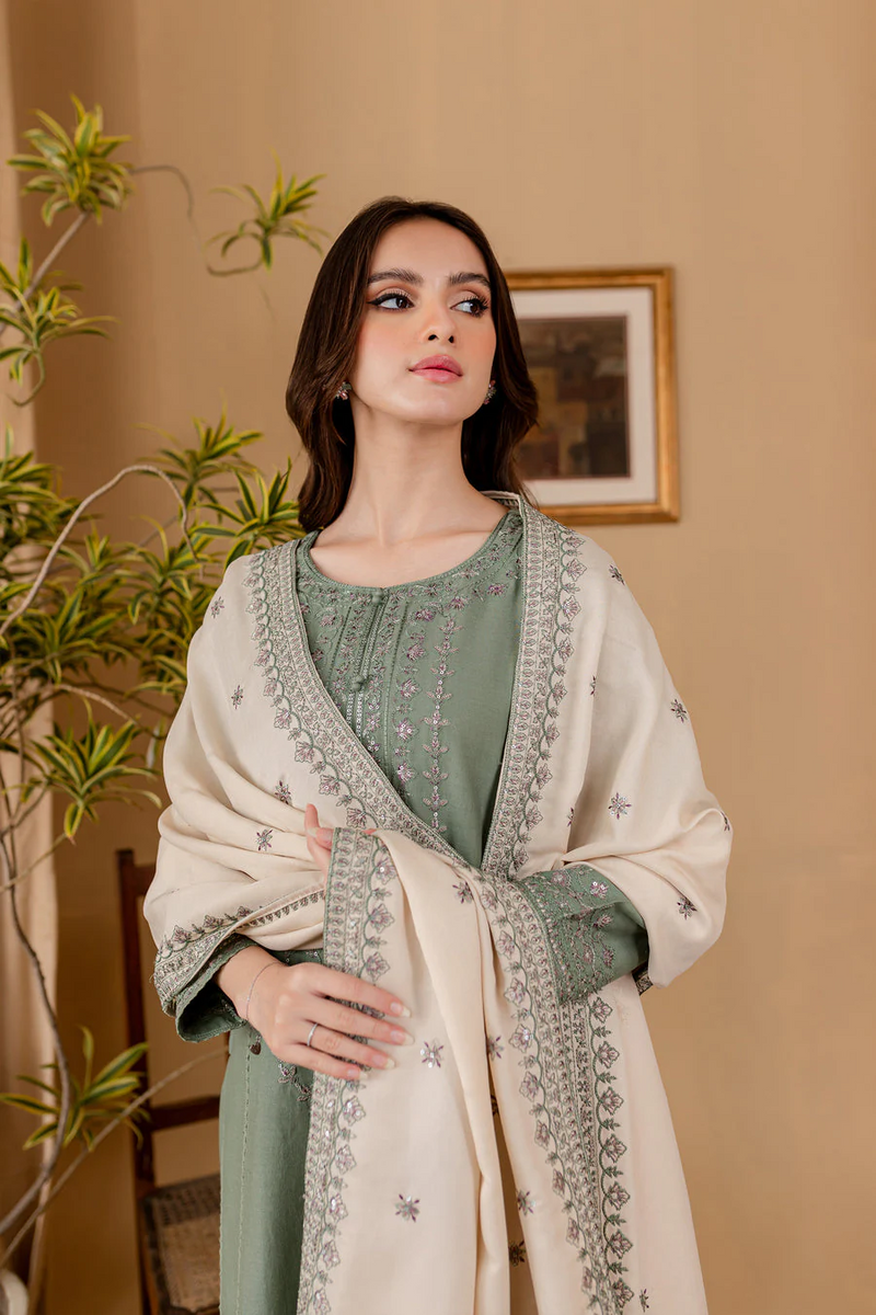 BATIK-3PC DHANAK EMBROIDERED SHIRT WITH DHANAK EMBROIDERED SHAWL AND TROUSER - 4011
