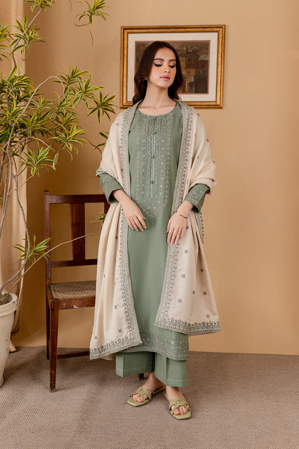 BATIK-3PC DHANAK EMBROIDERED SHIRT WITH DHANAK EMBROIDERED SHAWL AND TROUSER - 4011
