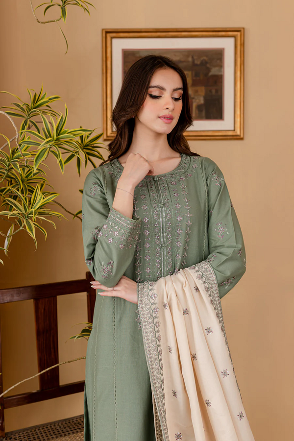 BATIK-3PC DHANAK EMBROIDERED SHIRT WITH DHANAK EMBROIDERED SHAWL AND TROUSER - 4011