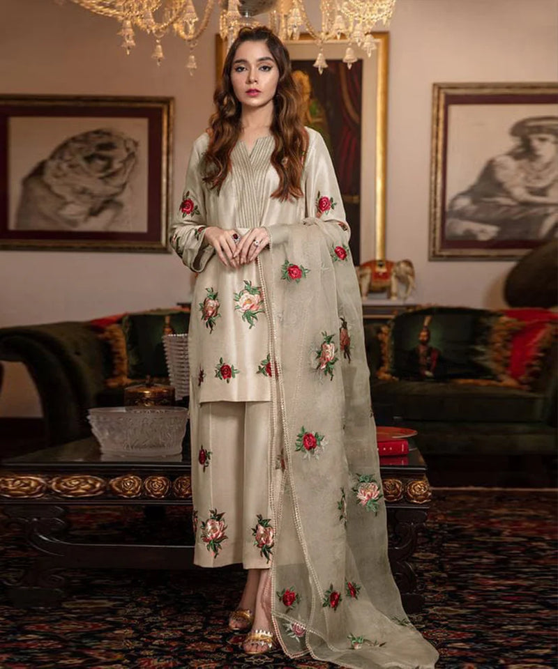 Silk 3PC Embroidered With Organza Embroidered Dupatta-11316