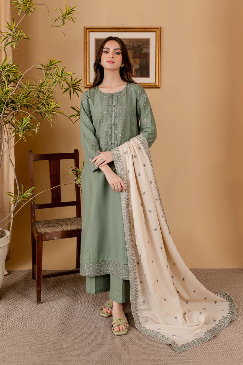 BATIK-3PC DHANAK EMBROIDERED SHIRT WITH DHANAK EMBROIDERED SHAWL AND TROUSER - 4011