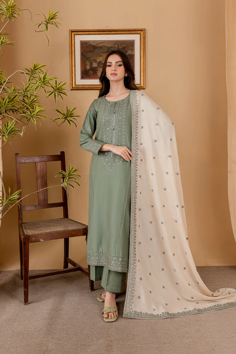 BATIK-3PC DHANAK EMBROIDERED SHIRT WITH DHANAK EMBROIDERED SHAWL AND TROUSER - 4011