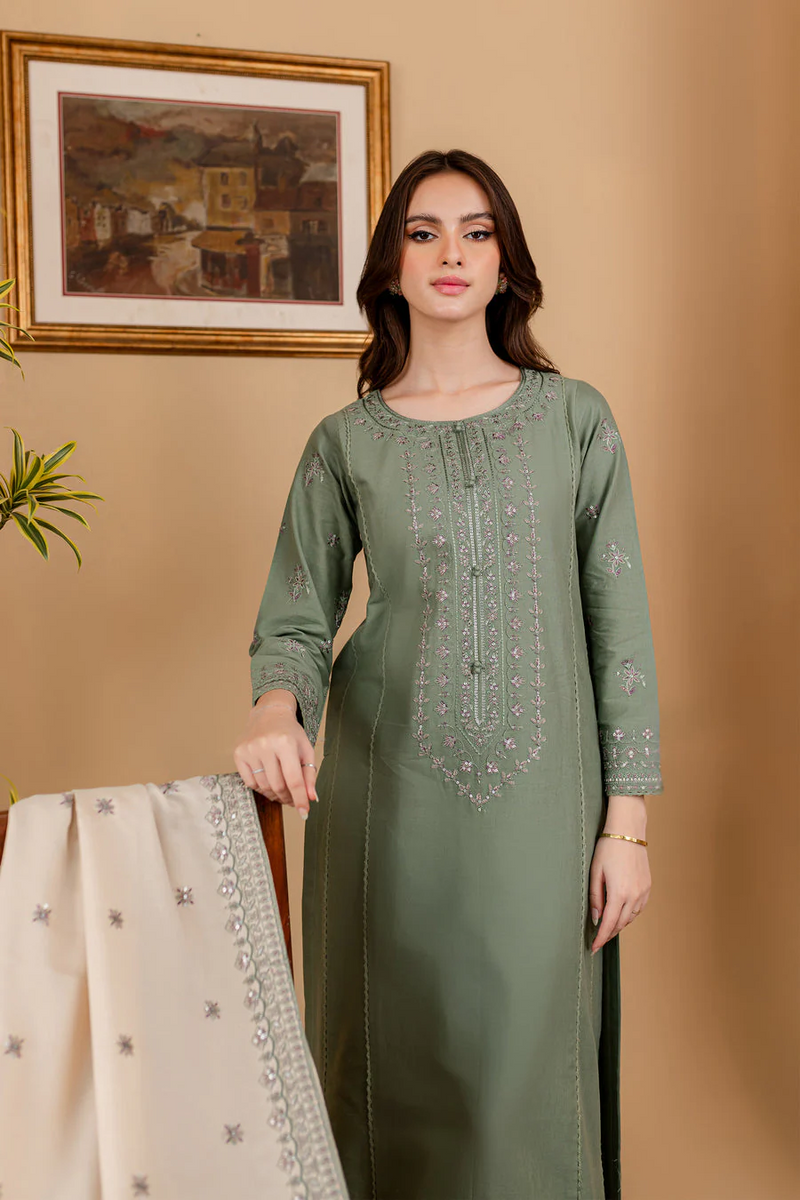 BATIK-3PC DHANAK EMBROIDERED SHIRT WITH DHANAK EMBROIDERED SHAWL AND TROUSER - 4011