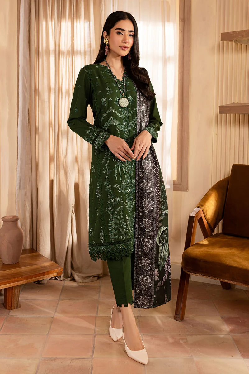 NUREH-3PC DHANAK EMBROIDERED SHIRT WITH COURTRAI PRINTED SHAWL &amp; TROUSER-BIC-14324