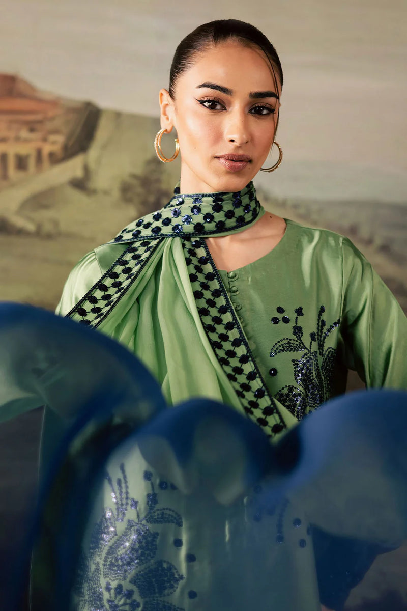 NUREH-3PC SHAMOZE SILK UNSTITCEHD PRINTED EMBROIDERED SHIRT WITH SOFT SILK PRINTED EMB DUPATTA & TROUSER BIC-11736