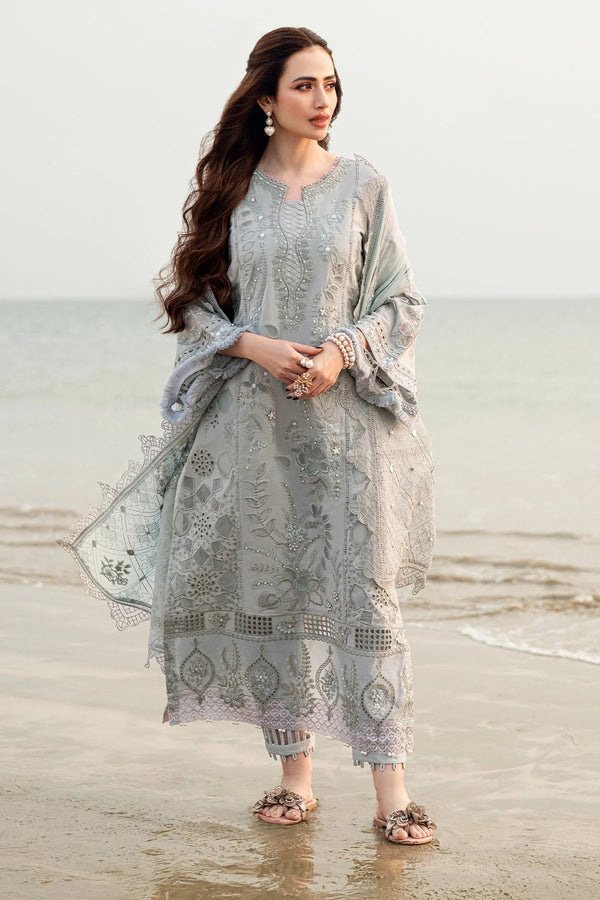 NUREH-3PC DHANAK LASER WORK EMBROIDERED SHIRT WITH KHADDI NET EMBROIDERED DUPATTA & TROUSER-4214