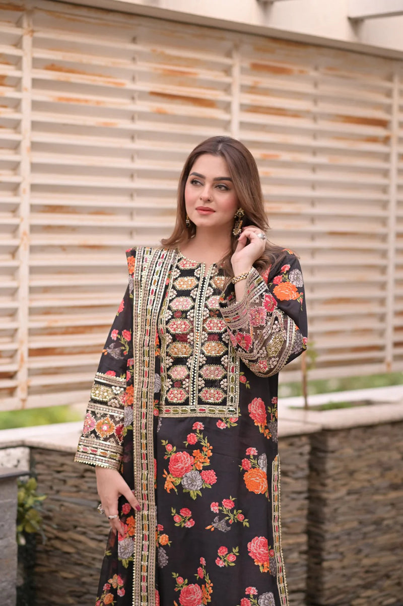 BAROQUE - 3PC UNSTITCHED SHAMOZE SILK PRINTED EMBROIDERED SHIRT WITH SOFT SILK PRINTED EMB DUPATTA & PRINTED TROUSER-11705
