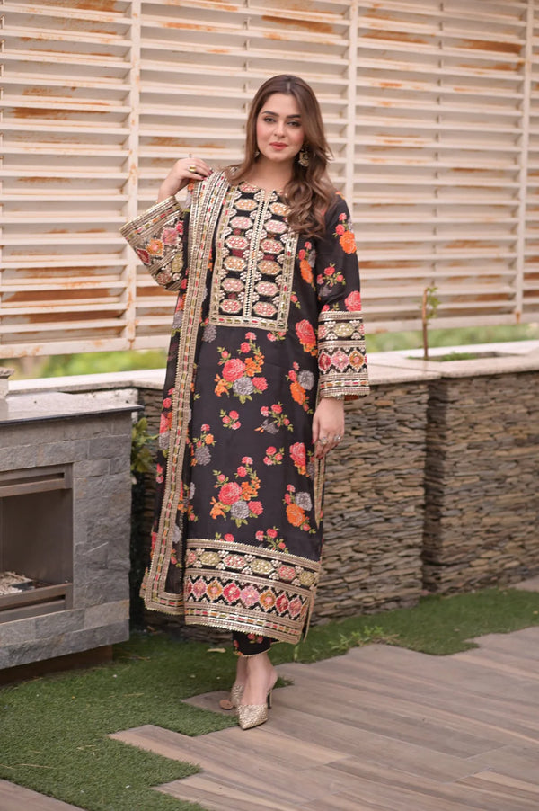 BAROQUE - 3PC UNSTITCHED SHAMOZE SILK PRINTED EMBROIDERED SHIRT WITH SOFT SILK PRINTED EMB DUPATTA & PRINTED TROUSER-11705