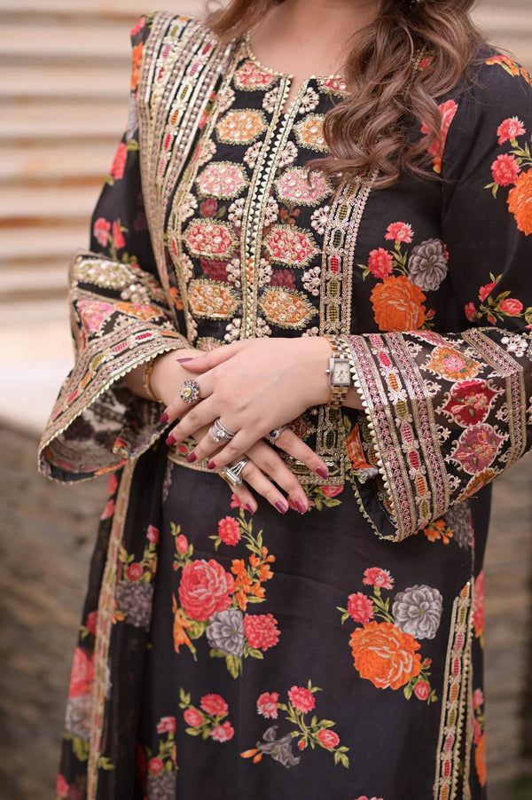 BAROQUE - 3PC UNSTITCHED SHAMOZE SILK PRINTED EMBROIDERED SHIRT WITH SOFT SILK PRINTED EMB DUPATTA & PRINTED TROUSER-11705