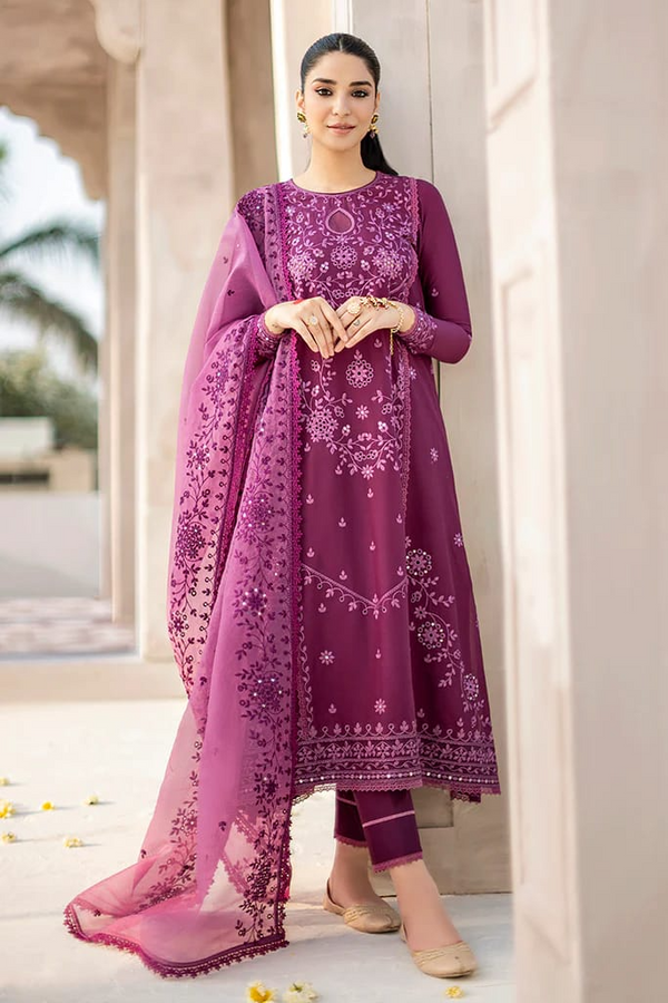 ASIM JOFA - 3PC UNSTITCHED LAWN HEAVY EMBROIDERED SHIRT WITH ORGANZA HEAVY EMBROIDERED DUPATTA - 3584