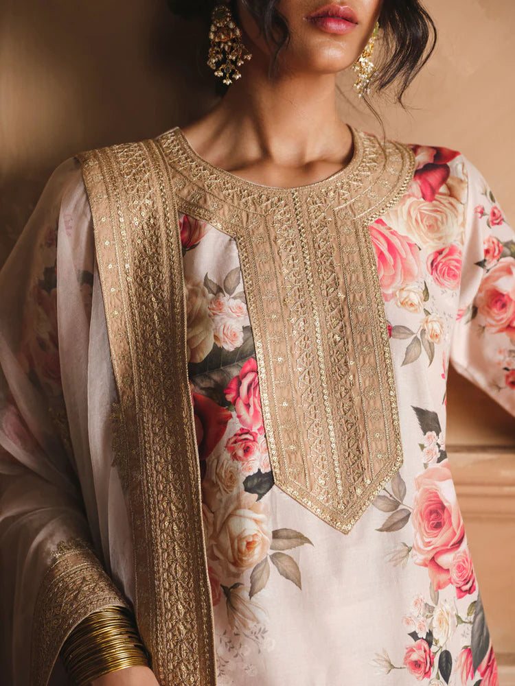 ZAINAB CHOTANI - 3PC UNSTITCHED SHAMOZE SILK PRINTED EMBROIDERED SHIRT WITH SOFT SILK PRINTED EMB DUPATTA & EMB TROUSER-11721