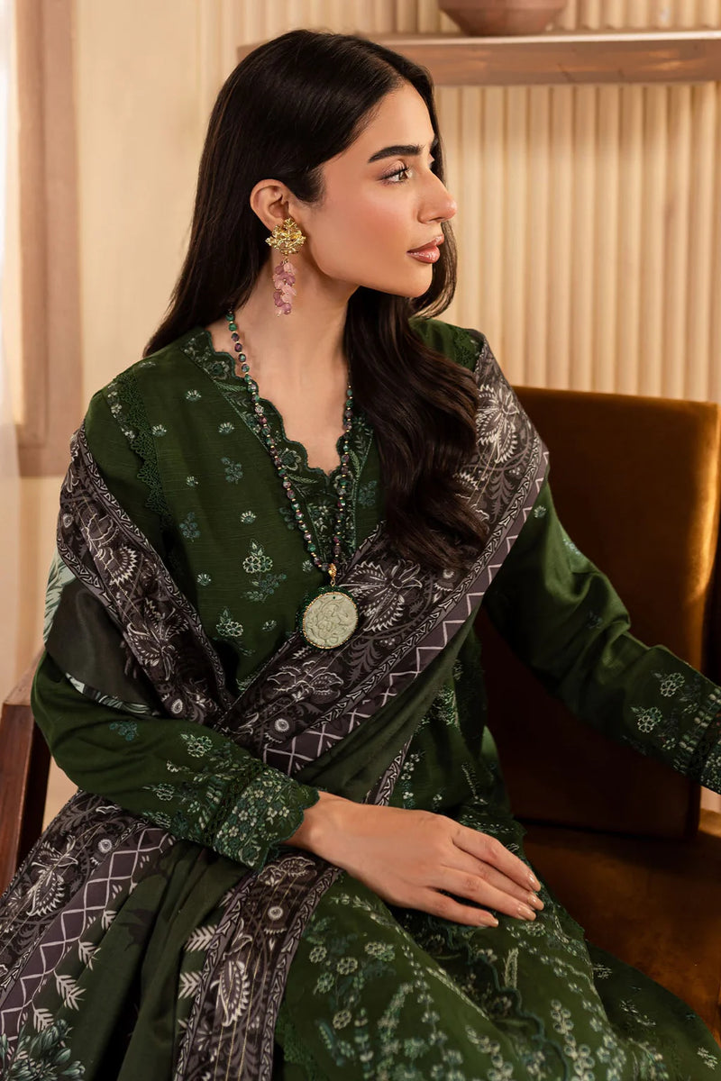 NUREH-3PC DHANAK EMBROIDERED SHIRT WITH COURTRAI PRINTED SHAWL &amp; TROUSER-BIC-14324