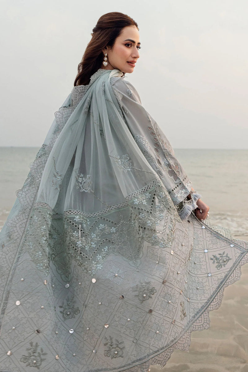 NUREH-3PC DHANAK LASER WORK EMBROIDERED SHIRT WITH KHADDI NET EMBROIDERED DUPATTA & TROUSER-4214