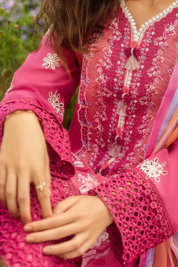 MUSHQ-3PC LAWN EMBROIDERED SHIRT WITH CHIFFON PRINT DUPATTA & TROUSER-BIC-3743