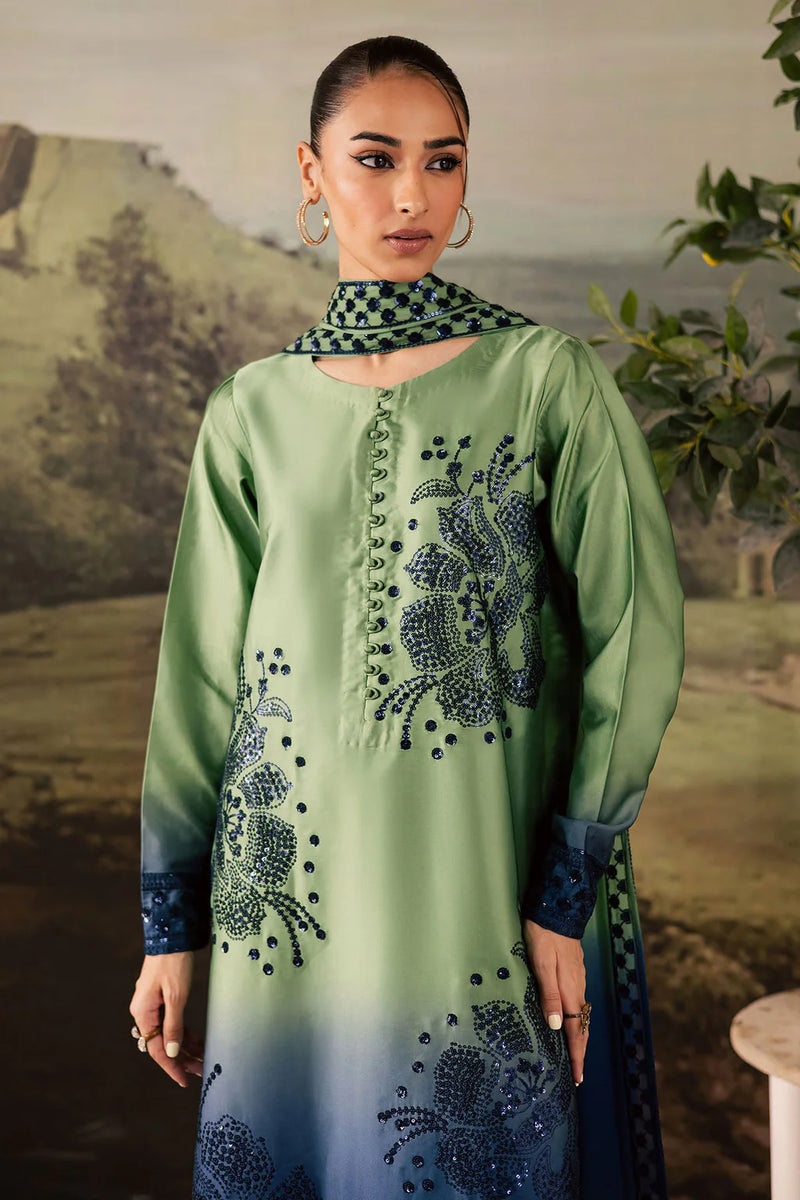 NUREH-3PC SHAMOZE SILK UNSTITCEHD PRINTED EMBROIDERED SHIRT WITH SOFT SILK PRINTED EMB DUPATTA & TROUSER BIC-11736