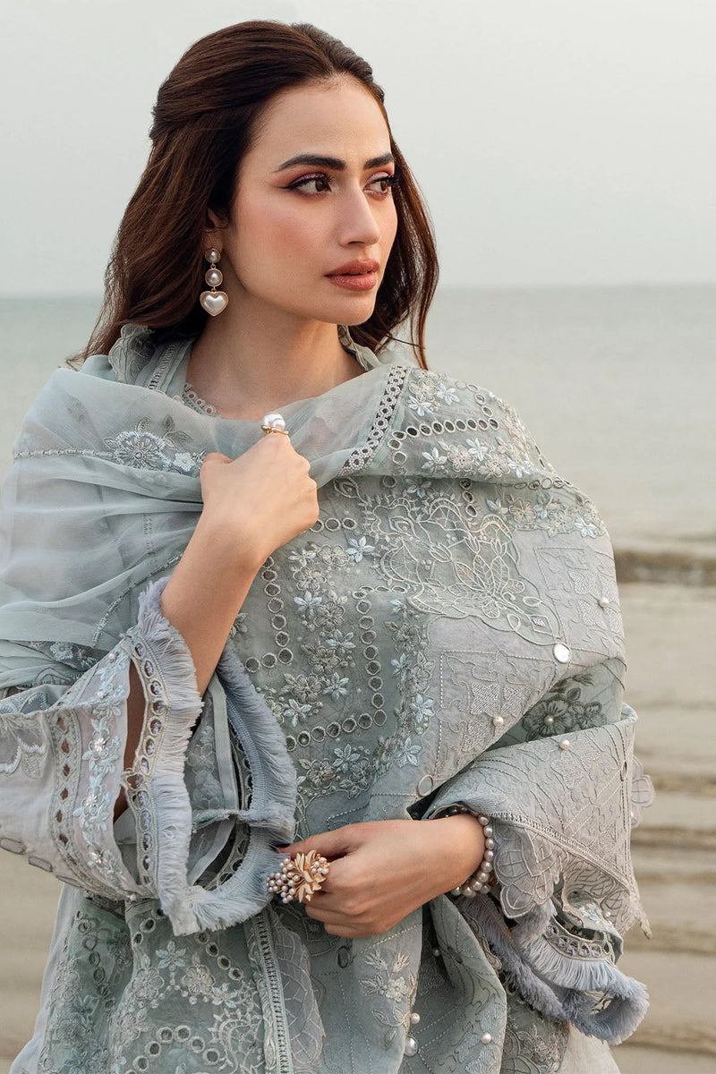 NUREH-3PC DHANAK LASER WORK EMBROIDERED SHIRT WITH KHADDI NET EMBROIDERED DUPATTA & TROUSER-4214