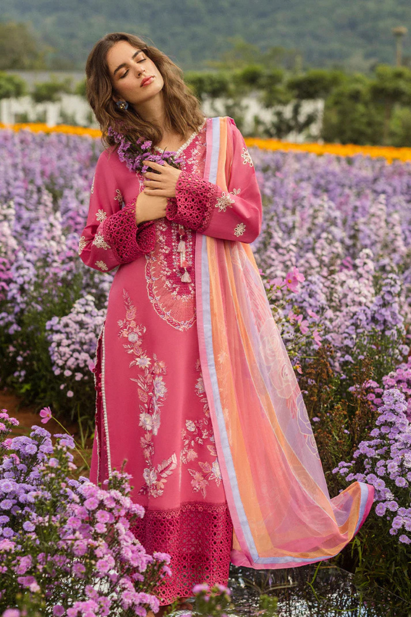MUSHQ-3PC LAWN EMBROIDERED SHIRT WITH CHIFFON PRINT DUPATTA & TROUSER-BIC-3743