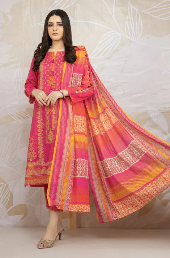 EDENROBE - 3PC  UNSTITCHED KHADDAR PRINTED EMB SHIRT WITH KHADDAR PRINT DUPATTA AND PRINT TROUSER-12618