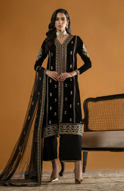 SERAN -VELVET 3PC- EMBROIDERED WORK SHIRT WITH ORGANZA HEAVY EMBROIDERED DUPATTA-9000 V