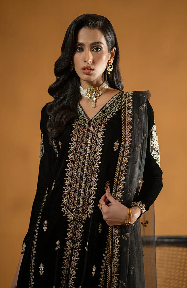 SERAN -VELVET 3PC- EMBROIDERED WORK SHIRT WITH ORGANZA HEAVY EMBROIDERED DUPATTA-9000 V