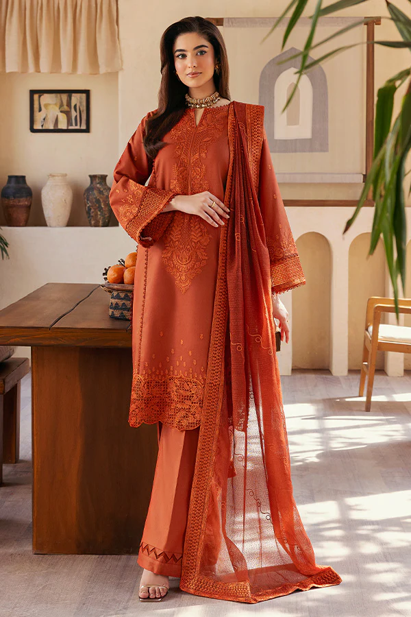 SAPPHIRE-3PC DHANAK EMBROIDERED SHIRT WITH KHADDI NET EMB DUPATTA AND TROUSER-14300