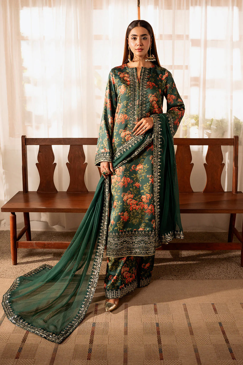 ZAINAB CHOTANI-3PC UNSTITCHED SHAMOZE SILK PRINTED EMBROIDERED SHIRT WITH SOFT SILK PRINTED EMB DUPATTA & EMB TROUSER -11722