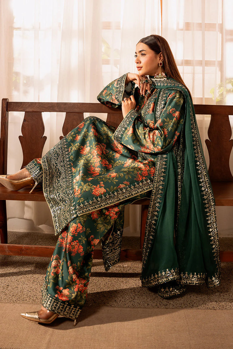 ZAINAB CHOTANI-3PC UNSTITCHED SHAMOZE SILK PRINTED EMBROIDERED SHIRT WITH SOFT SILK PRINTED EMB DUPATTA & EMB TROUSER -11722