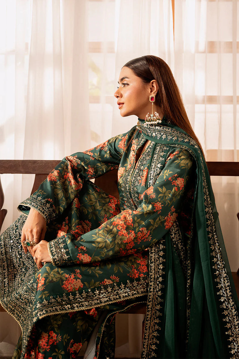 ZAINAB CHOTANI-3PC UNSTITCHED SHAMOZE SILK PRINTED EMBROIDERED SHIRT WITH SOFT SILK PRINTED EMB DUPATTA & EMB TROUSER -11722