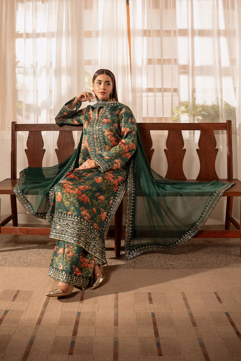 ZAINAB CHOTANI-3PC UNSTITCHED SHAMOZE SILK PRINTED EMBROIDERED SHIRT WITH SOFT SILK PRINTED EMB DUPATTA & EMB TROUSER -11722