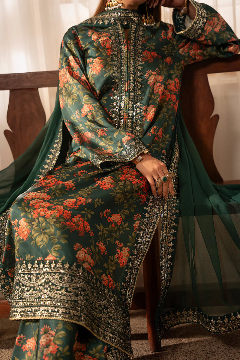 ZAINAB CHOTANI-3PC UNSTITCHED SHAMOZE SILK PRINTED EMBROIDERED SHIRT WITH SOFT SILK PRINTED EMB DUPATTA & EMB TROUSER -11722