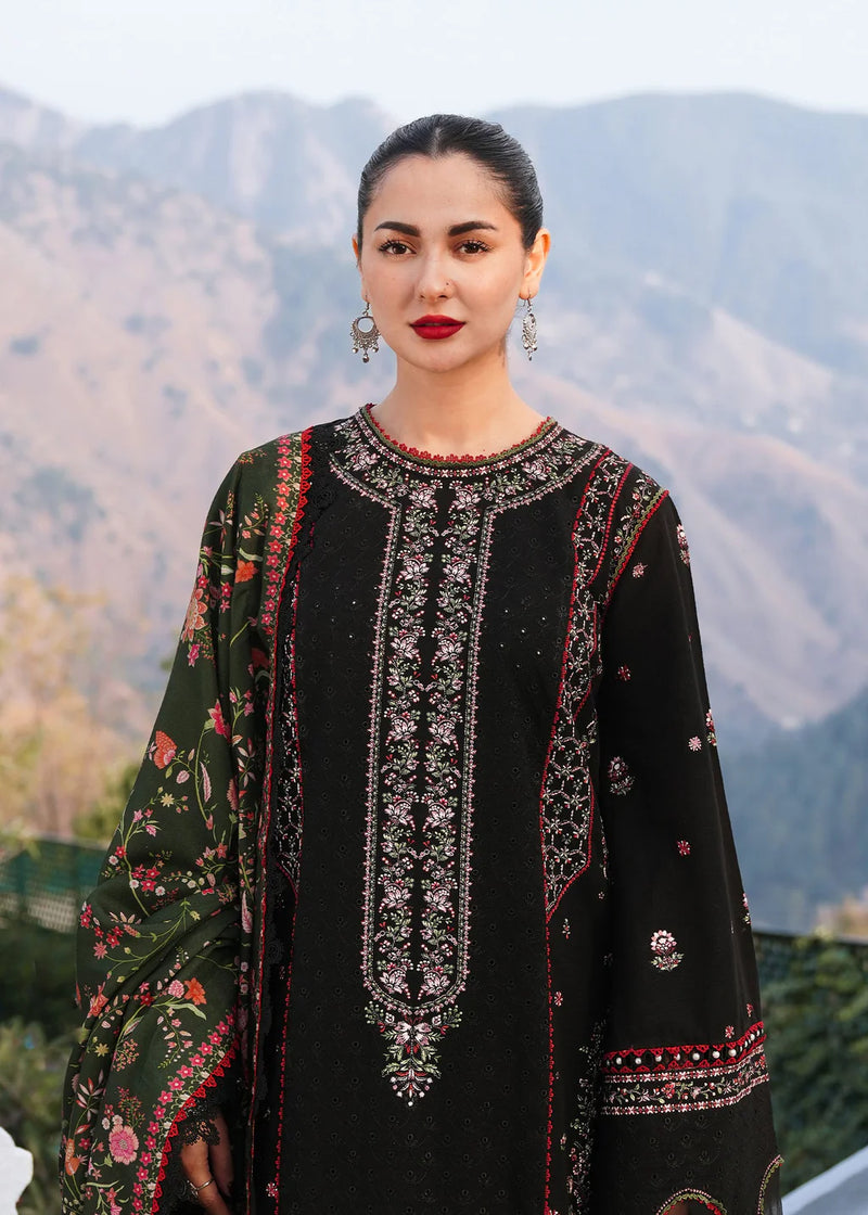 HUSSAIN REHAR-3PC KARANDI EMBROIDERED SHIRT WITH COURTRAI PRINTED SHAWL AND TROUSER-4261