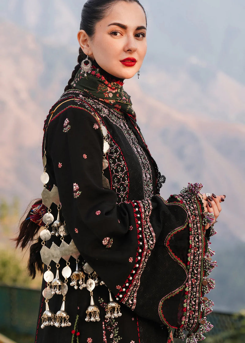 HUSSAIN REHAR-3PC KARANDI EMBROIDERED SHIRT WITH COURTRAI PRINTED SHAWL AND TROUSER-4261