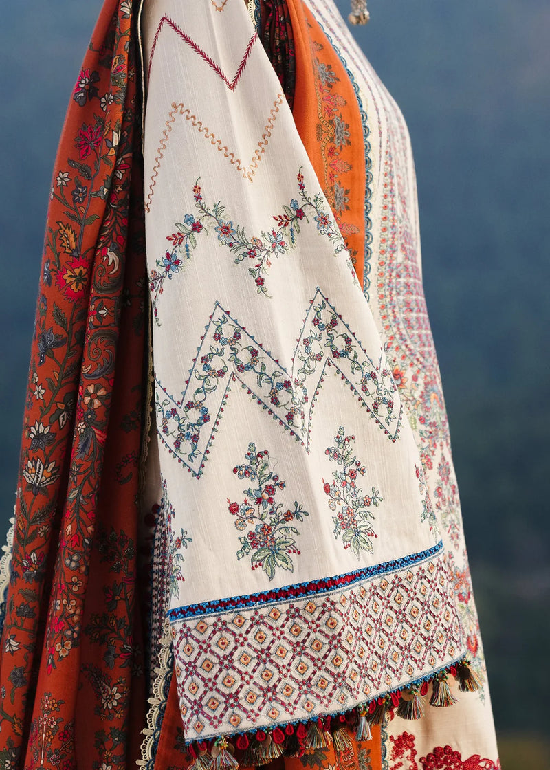 HUSSAIN REHAR-3PC DHANAK EMBROIDERED SHIRT WITH COURTRAI PRINTED SHAWL AND TROUSER-BIC-14260