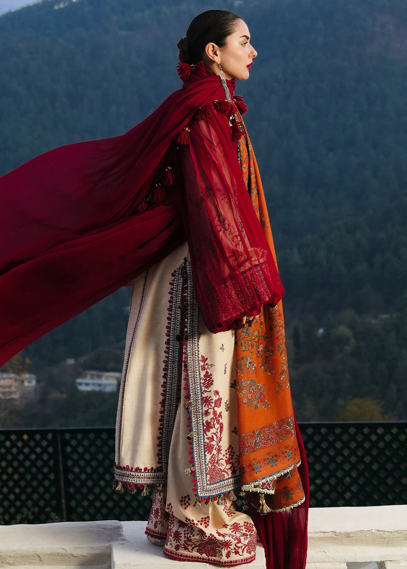 HUSSAIN REHAR-3PC DHANAK EMBROIDERED SHIRT WITH COURTRAI PRINTED SHAWL AND TROUSER-BIC-14260